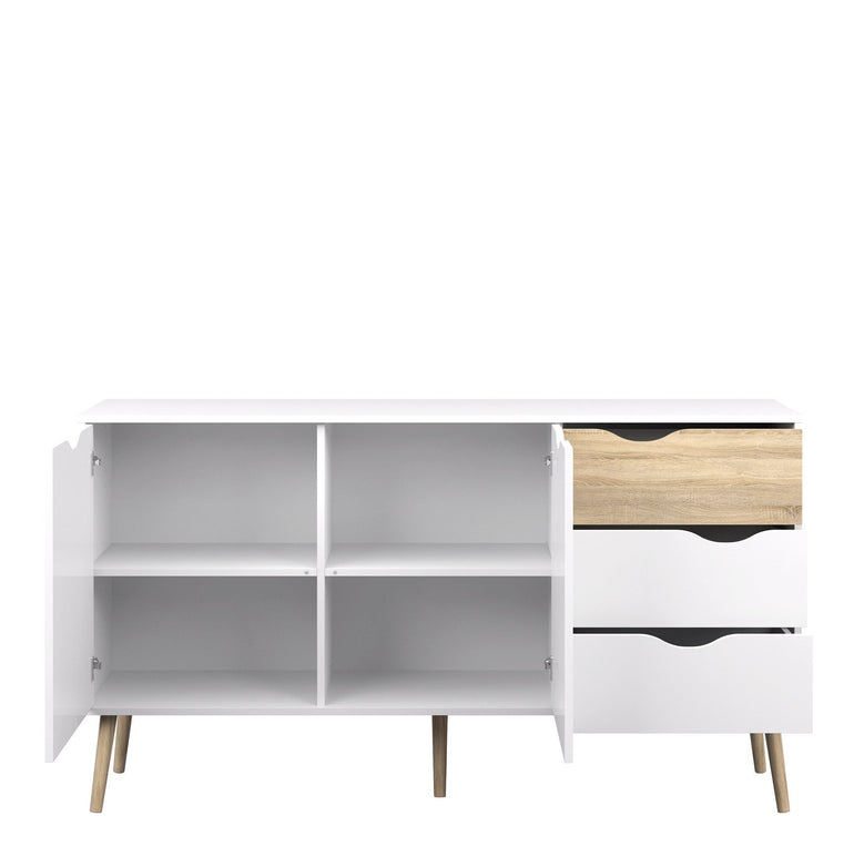 Oslo Large Sideboard with 3 Drawers & 2 Doors in White and Oak
