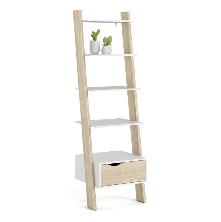 Oslo Leaning Bookcase with 1 Drawer in White and Oak