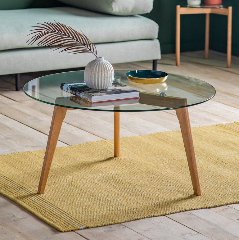 Palma Round Glass Coffee Table - Tempered Glass Top - Solid Oak Base