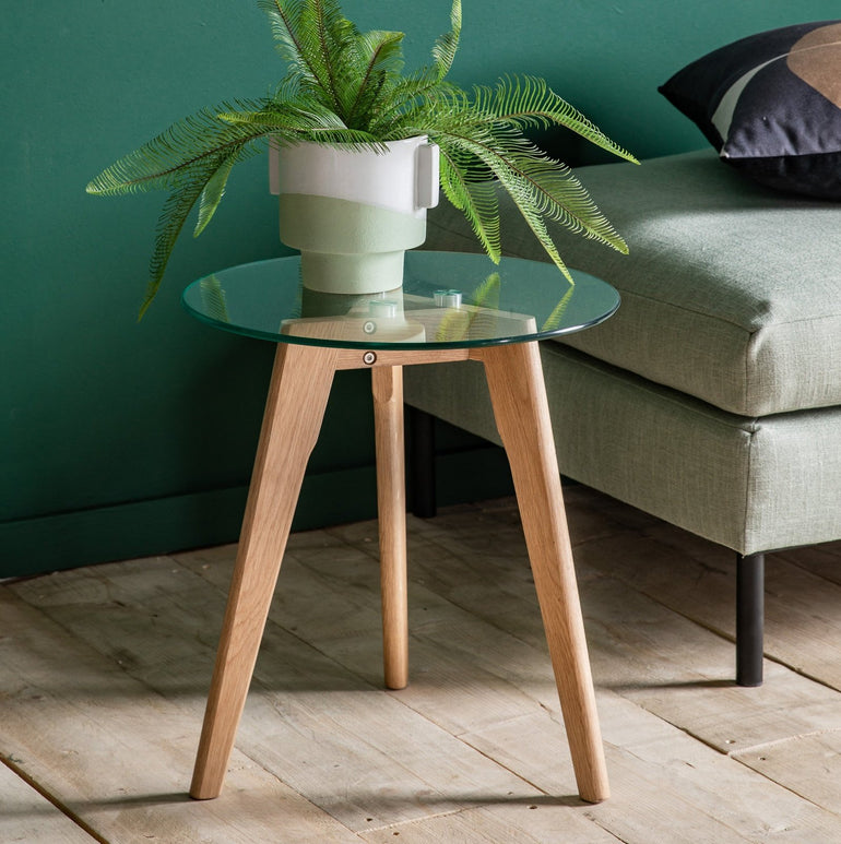 Palma Round Glass Side Table - Tempered Glass Top - Solid Oak Base