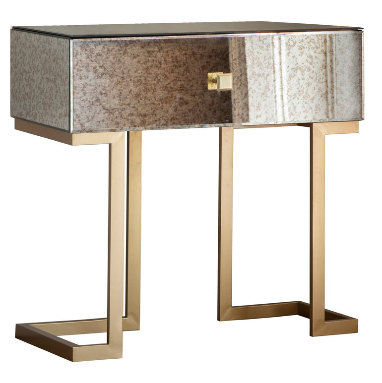Rizzo 1 Drawer Side Table - Brushed Brass Effect Iron Legs & Handles - Antiqued Glass Tops - Art Deco