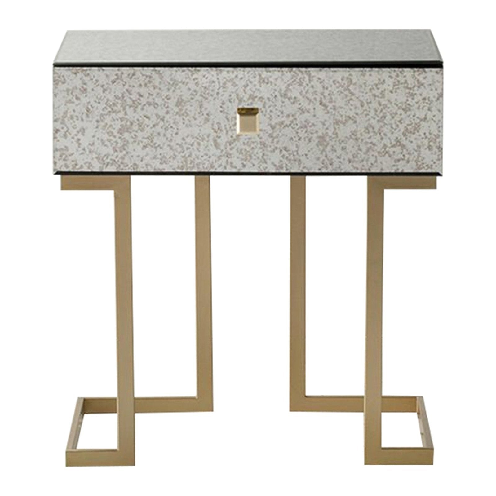 Rizzo 1 Drawer Side Table - Brushed Brass Effect Iron Legs & Handles - Antiqued Glass Tops - Art Deco