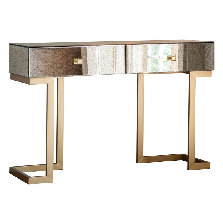 Rizzo 2 Drawer Console Table - Brushed Brass Effect Iron Legs & Handles - Antiqued Glass Tops - Art Deco