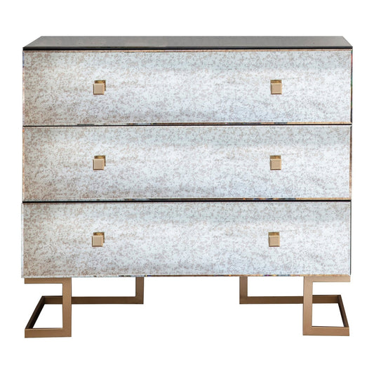 Rizzo 3 Drawer Wide Chest - Brushed Brass Effect Iron Legs & Handles - Antiqued Glass Tops - Art Deco