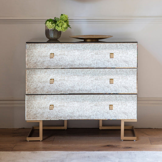 Rizzo 3 Drawer Wide Chest - Brushed Brass Effect Iron Legs & Handles - Antiqued Glass Tops - Art Deco