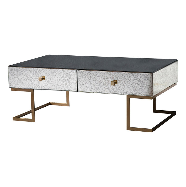 Rizzo 4 Drawer Coffee Table - Brushed Brass Effect Iron Legs & Handles - Antiqued Glass Tops - Art Deco