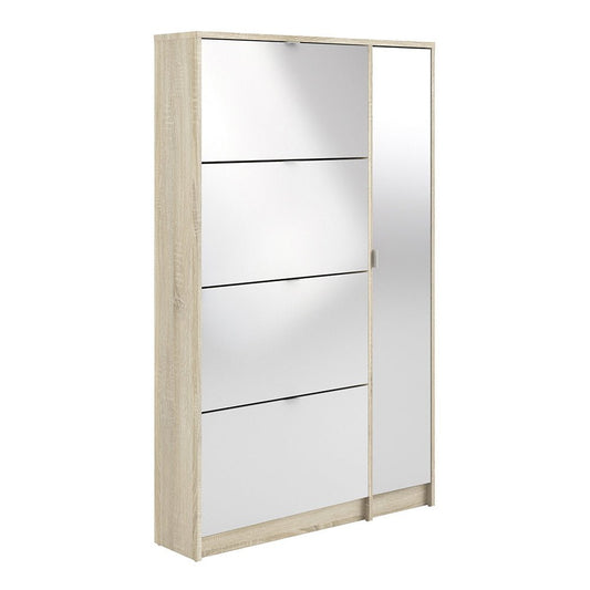 SHOES Shoe Cabinet with 4 Tilting Doors, 2 Layers & 1 Mirrored Door in Oak & High Gloss White