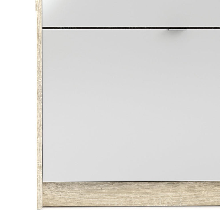 SHOES Shoe Cabinet with 4 Tilting Doors, 2 Layers & 1 Mirrored Door in Oak & High Gloss White