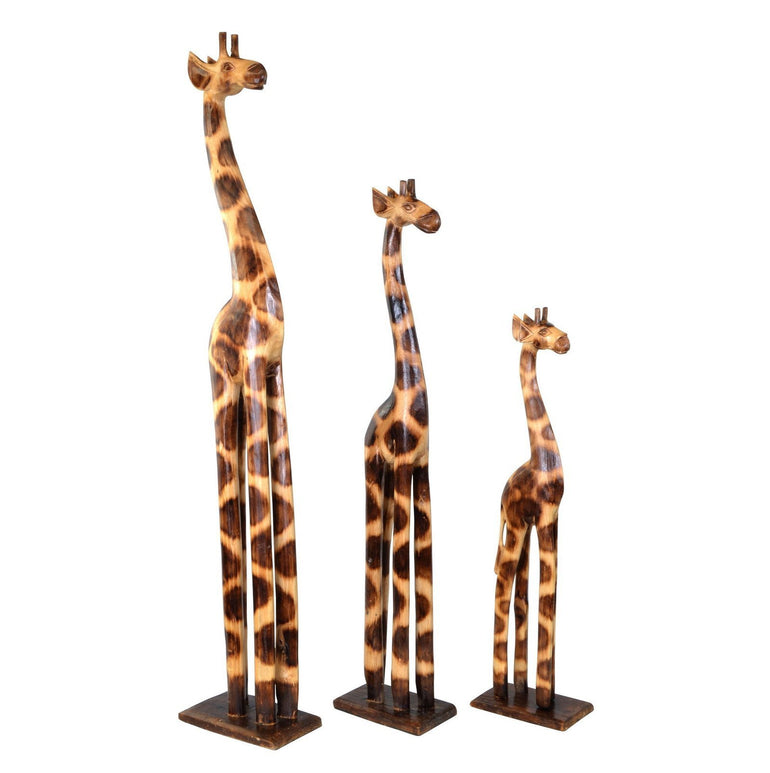 Set of 3 Giraffes - Hand Carved and Painted Albizia Wood