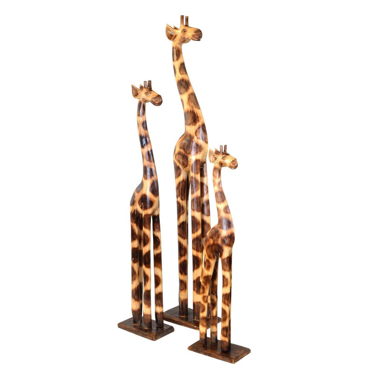 Set of 3 Giraffes - Hand Carved and Painted Albizia Wood
