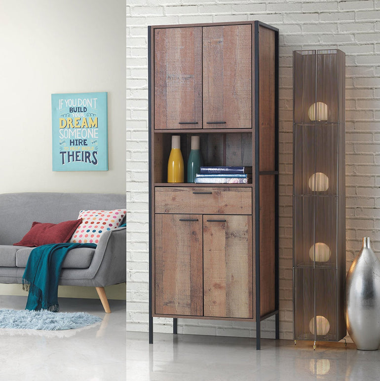 Stretton Tall 4 Door Storage Cabinet with 1 Drawer and Shelf Rustic Oak Panel Effect