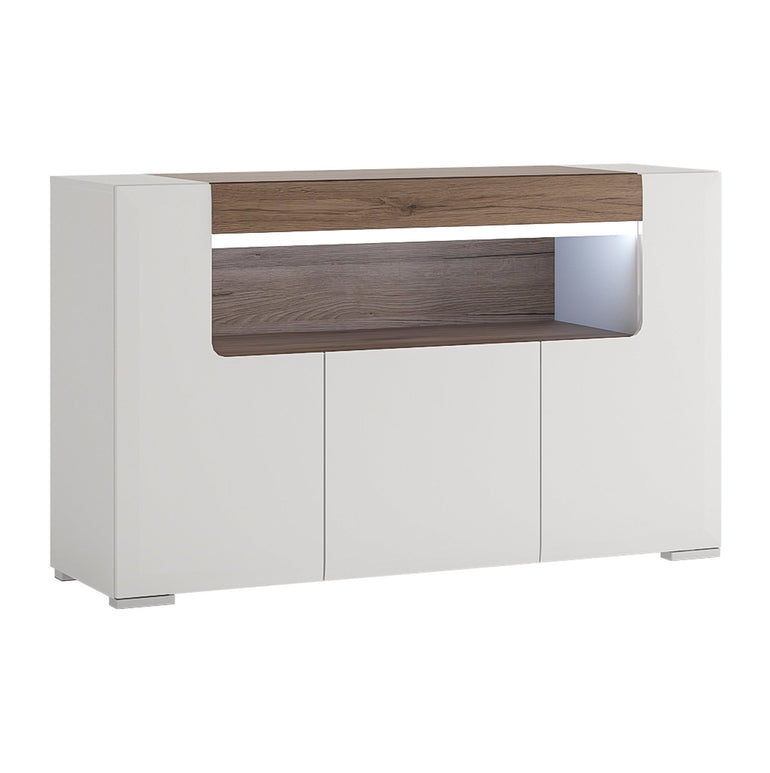 Toronto 3 Door Sideboard with open shelving inc. Plexi Lighting in White with San Remo Oak