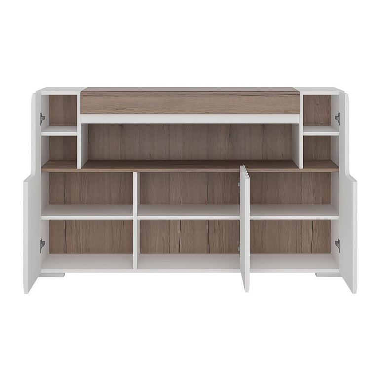 Toronto 3 Door Sideboard with open shelving inc. Plexi Lighting in White with San Remo Oak