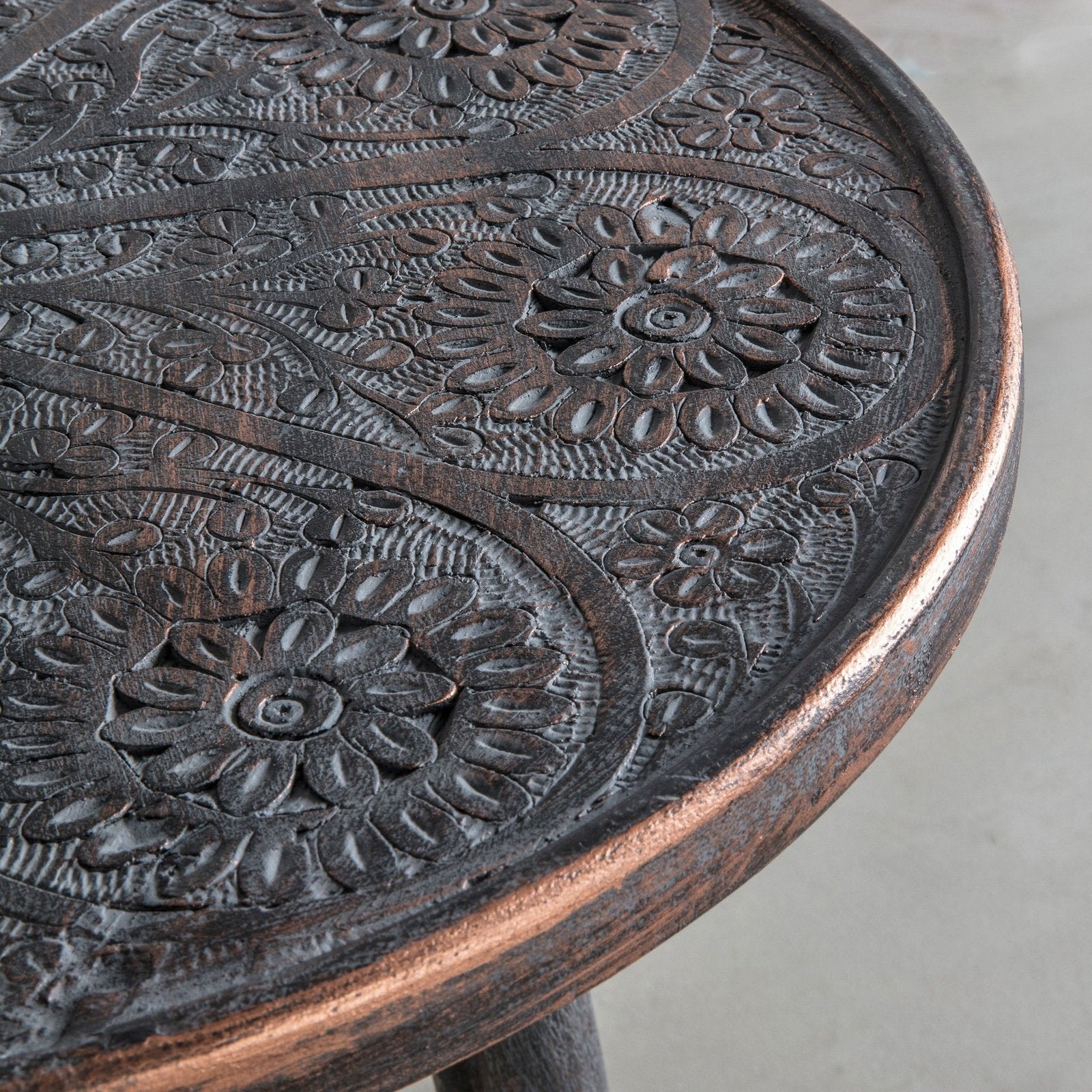 Tribeca Side Table - Hand Carved Patterned Top - Hand-turned Tapered Legs - Bohemian style