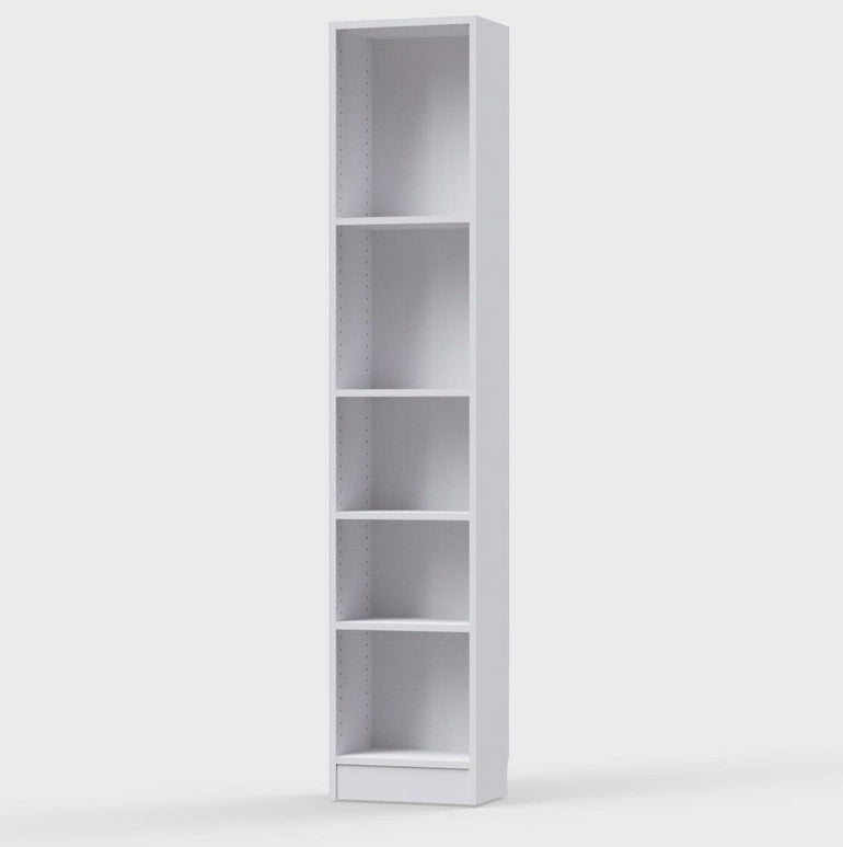 Tall Narrow 5-Shelf Bookcase - Durable Laminated Board with Skirting Board Cut-Outs and Wall Safety Fitting - 406x2032x